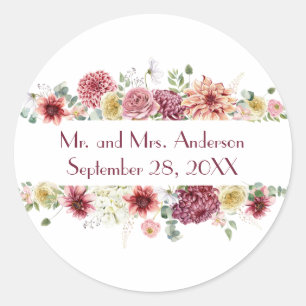 Pink White Floral Personalised Names Wedding Date Classic Round Sticker