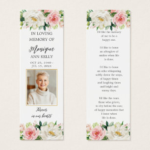 Pink White Floral Photo Funeral Memorial Bookmark