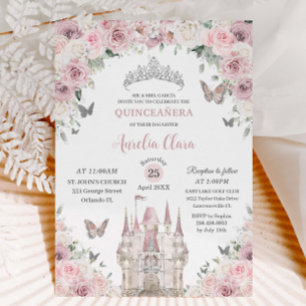Pink White Floral Princess Castle Quinceañera XV  Invitation
