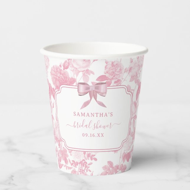 Pink White Floral Roses Chinoiserie Bridal Shower Paper Cups (Front)