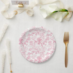 Pink White Floral Roses Chinoiserie Pattern Paper Plate