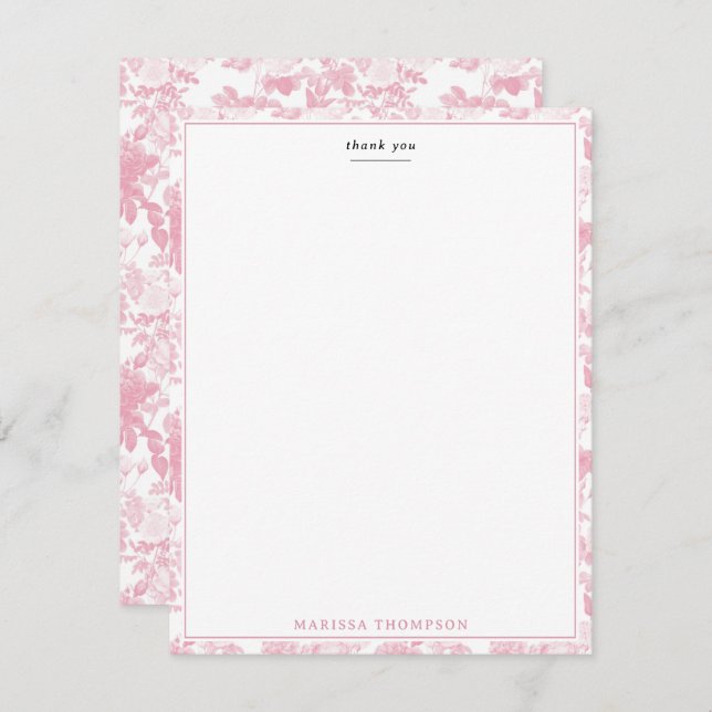 Pink White Floral Roses Chinoiserie Pattern Thank You Card (Front/Back)