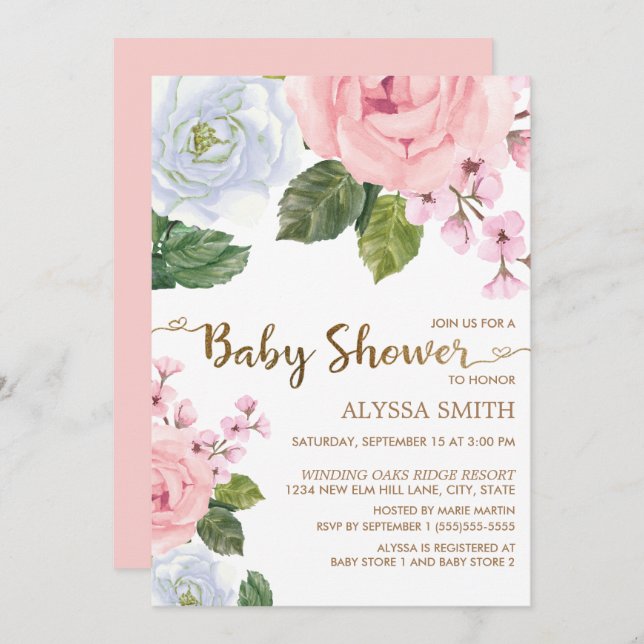 Pink White Floral Roses Elegant Script Baby Shower Invitation (Front/Back)