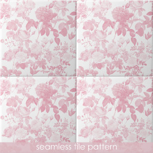 Pink White Floral Roses Pattern Ceramic Tile