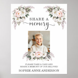 Pink White Floral Share a Memory Funeral Card Sign