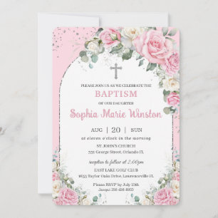 Pink White Floral Silver Arch Baptism Christening Invitation