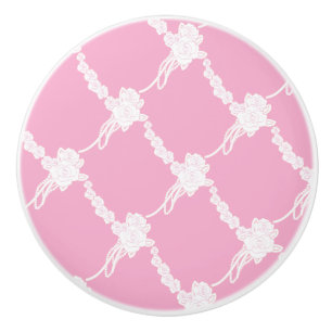 Pink White Floral Trellis Ceramic Drawer Pull