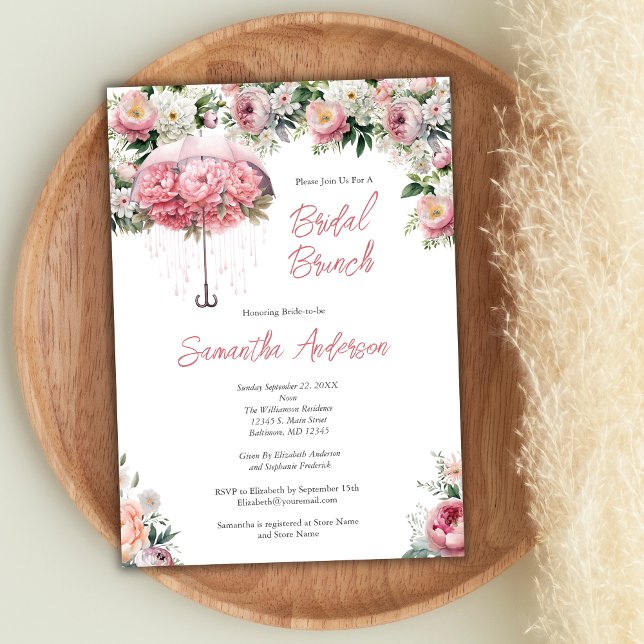 Pink White Floral Umbrella Bridal Shower Brunch Invitation (Pink White Watercolor Floral Umbrella Bridal Brunch Shower Invitation)