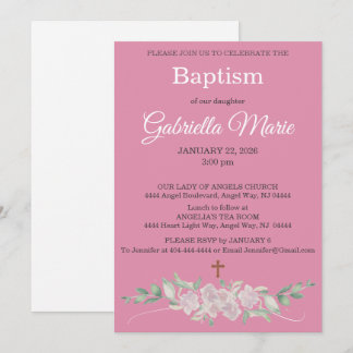 Pink White Floral Watercolor Cross Baptism Invitation
