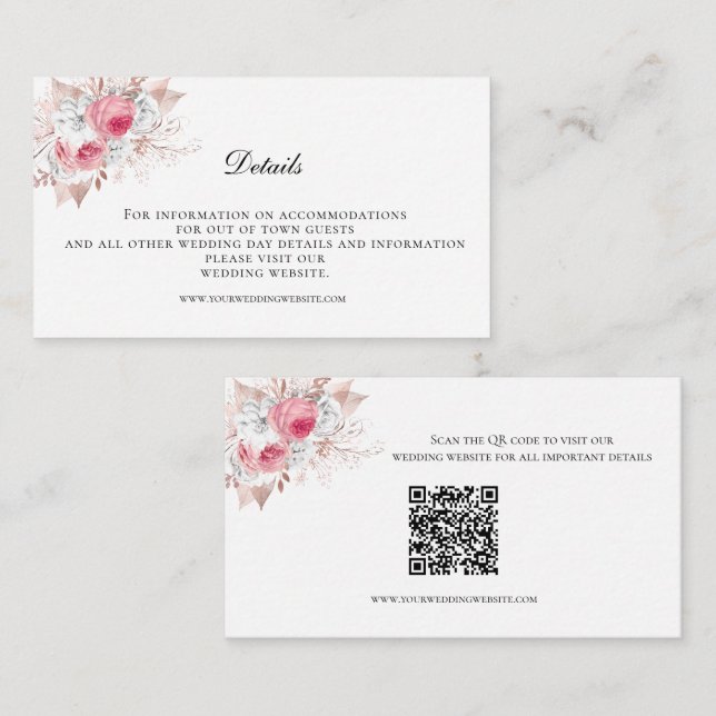Pink White Floral Wedding Details  Enclosure Card (Front/Back)