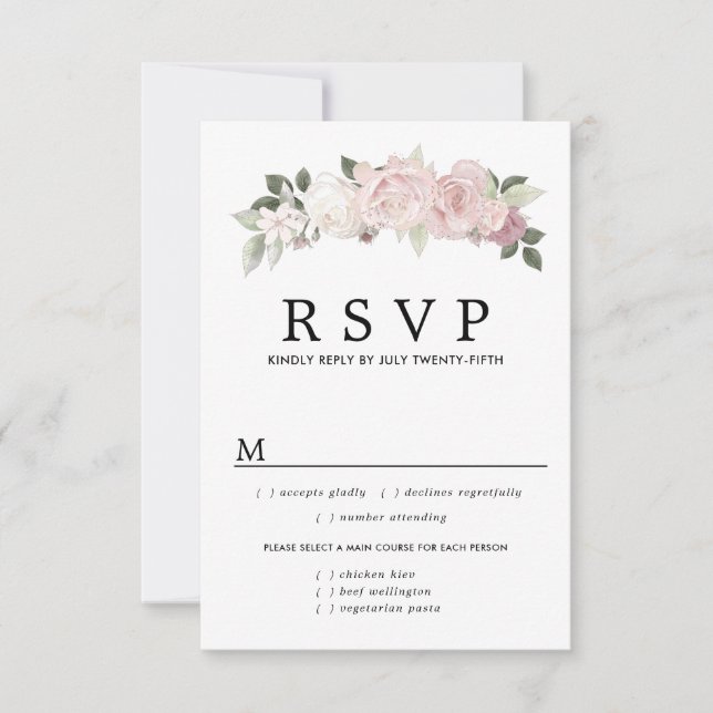Pink White Floral Wedding RSVP Card, Meal Options Card (Front)