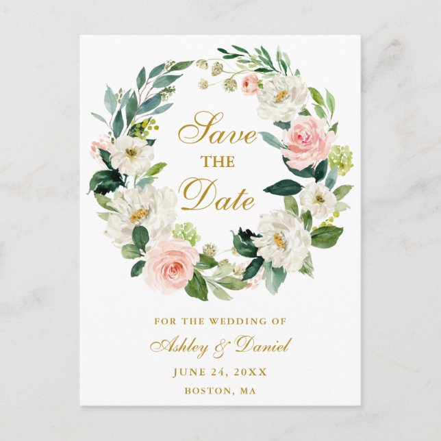 Pink White Floral Wreath  Gold Save the Date Announcement Postcard (Front)