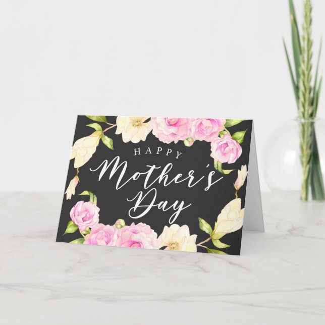 Pink White Floral Wreath Mother's Day Holiday Card (Front)