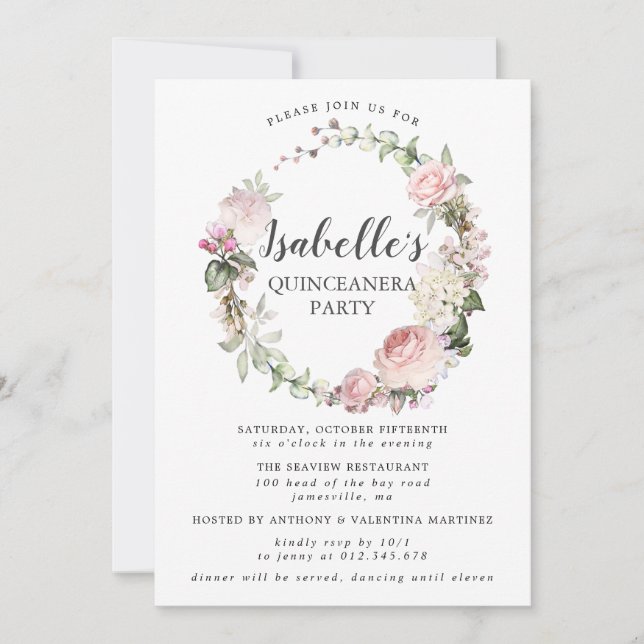 Pink White Floral Wreath Quinceanera Invitation (Front)