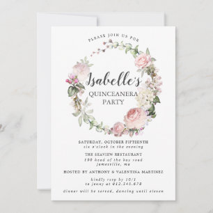 Pink White Floral Wreath Quinceanera Invitation
