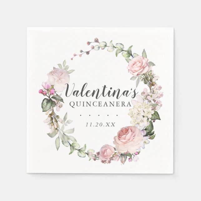 Pink White Floral Wreath Quinceanera Napkin (Front)