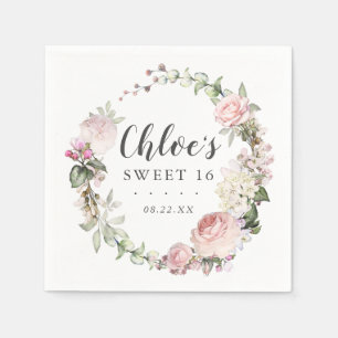 Pink White Floral Wreath Sweet 16 Party Napkin