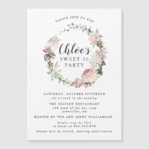 Pink White Floral Wreath Sweet Sixteen Party Magnetic Invitation