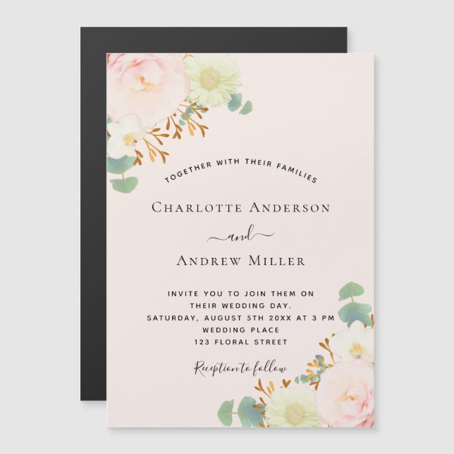 Pink white florals greenery wedding magnetic invitation (Front/Back)