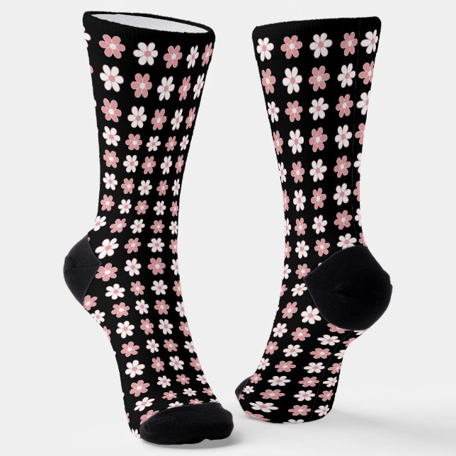 Pink & White Flower Pattern on Black Socks (Angled)