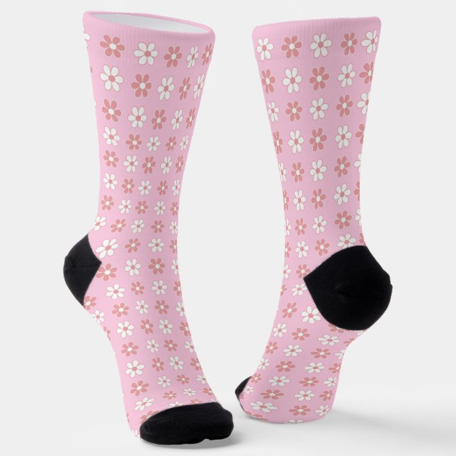 Pink & White Flower Pattern on Light Pink Socks (Angled)