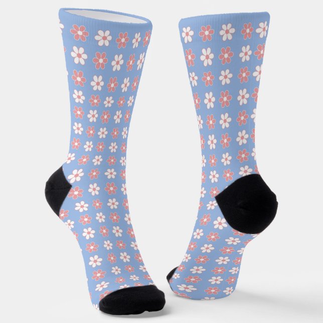 Pink & White Flower Pattern on Light Sky Blue Socks (Angled)