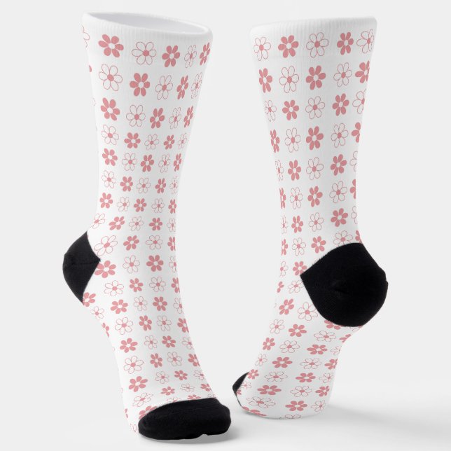 Pink & White Flower Pattern on White Socks (Angled)