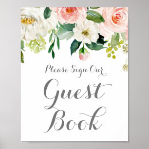 Pink White Flower Wedding Guest Book Sign Poster