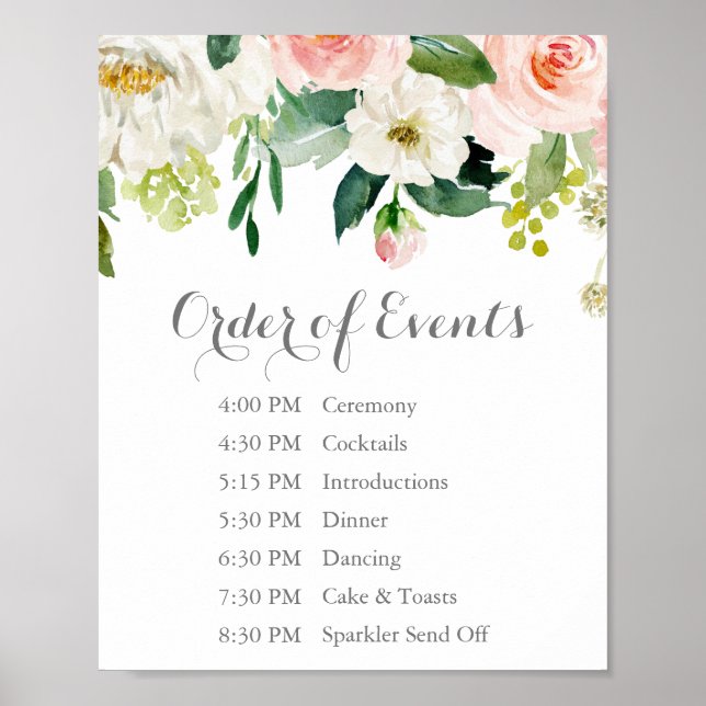 Pink White Flower Wedding Order of Events Sign (Front)
