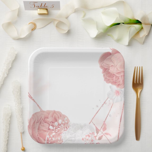 pink & white flowers botanical wedding paper plate (Wedding)