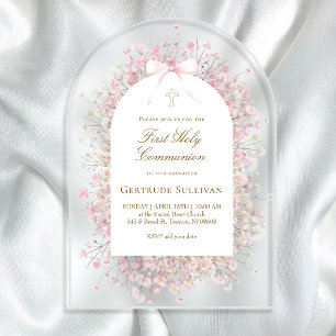 pink white flowers First Holy Communion Acrylic Invitations
