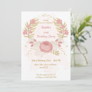 pink & white flowers gold botanical birthday party invitation