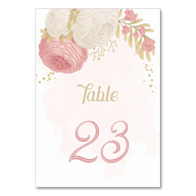 pink & white flowers gold botanical wedding table  table number (Front)
