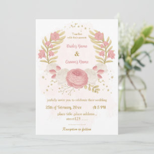 pink & white flowers gold botanical wreath wedding invitation