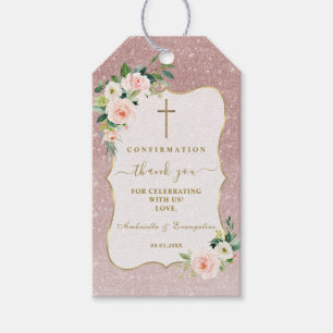 Pink White Flowers Gold Girl Confirmation Gift Tags