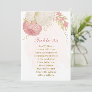 pink & white flowers gold seating chart card