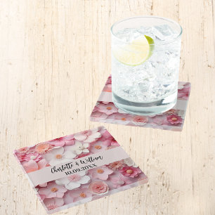 Pink white flowers names wedding glass coaster