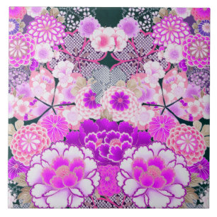 PINK WHITE FLOWERS Peony,Roses Japanese Floral Ceramic Tile