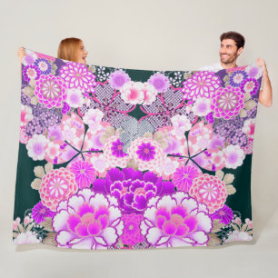 PINK WHITE FLOWERS Peony,Roses Japanese Floral Fleece Blanket