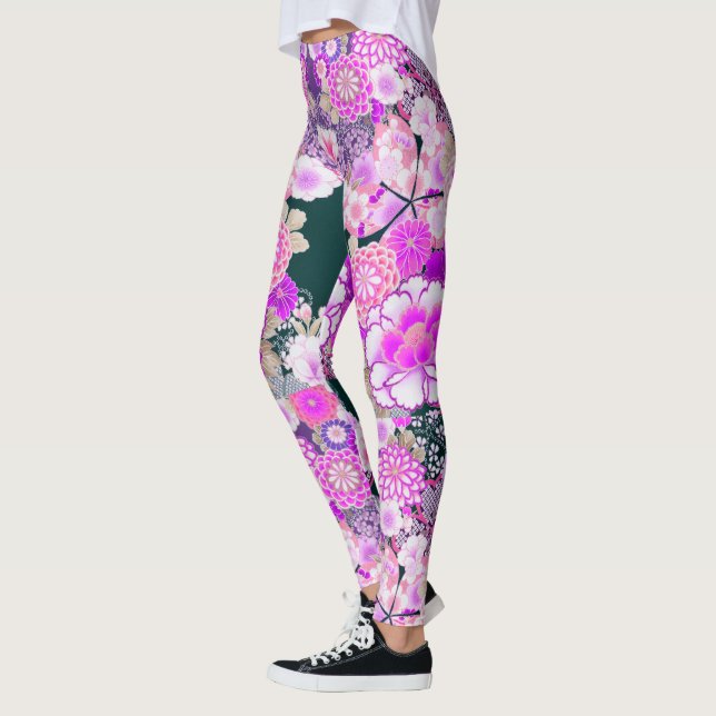 PINK WHITE FLOWERS Peony,Roses Japanese Floral  Leggings (Left)