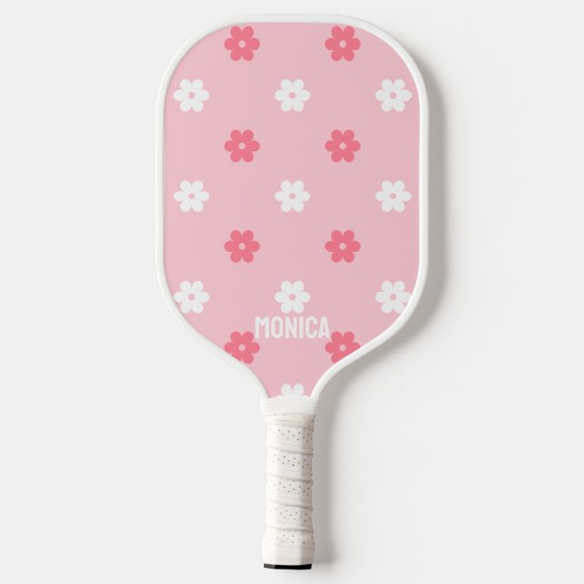  Pink &White  Flowers Personalized script Name Pickleball Paddle (Back)