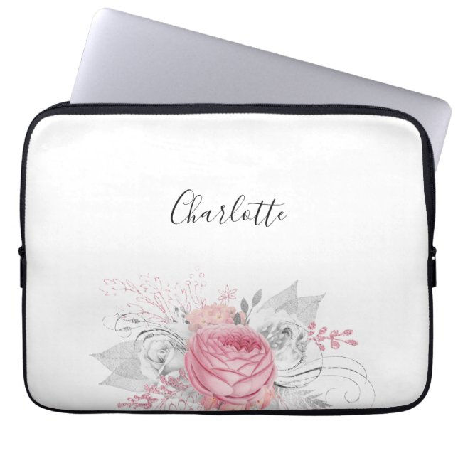 Pink white flowers silver foliage name elegant laptop sleeve (Front)