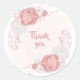 pink & white flowers thank you classic round sticker