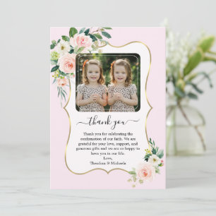 Pink White Flowers Twin Girls Photo Confirmation  Thank You Card