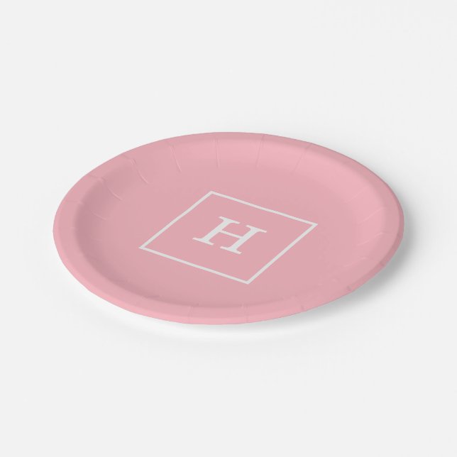 Pink White Framed Initial Monogram Paper Plate (Angled)
