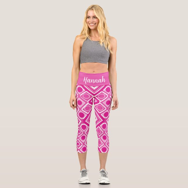 Pink White Geometry High Waisted Capris (Front)
