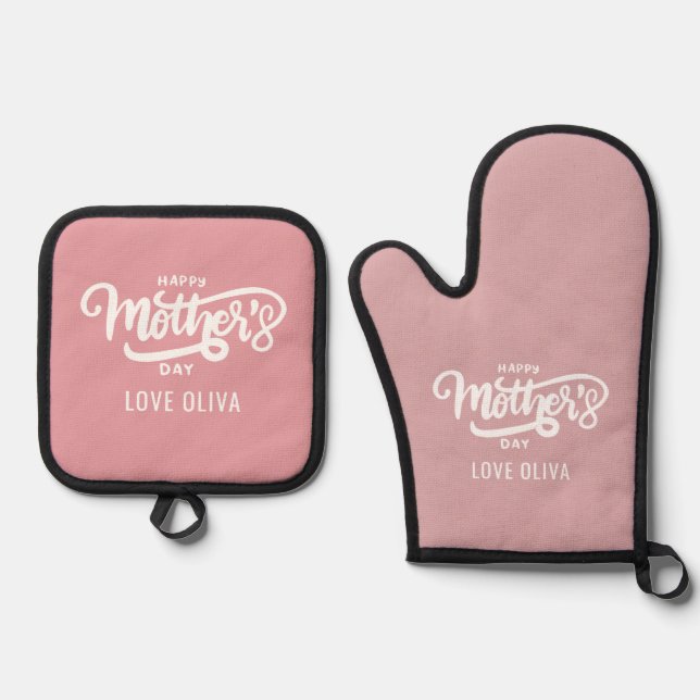 Pink White Gift Happy Mother's Day  Oven Mitt & Pot Holder Set (Front)