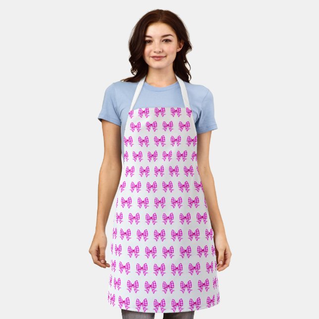 Pink-white gingham bow pattern apron (Worn)