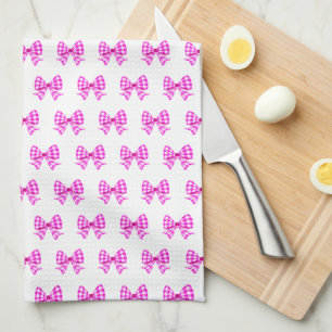Pink-white gingham bow pattern tea towel
