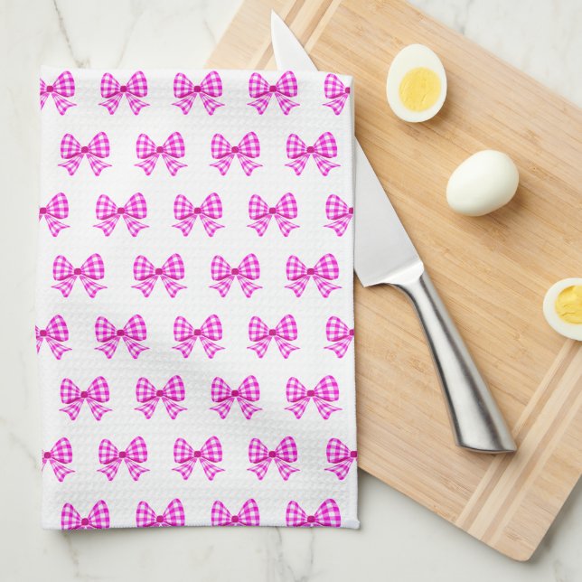 Pink-white gingham bow pattern tea towel (Quarter Fold)